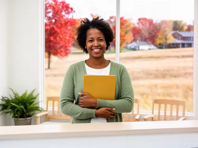 A clinic office manager holding a folder behind a reception counter.