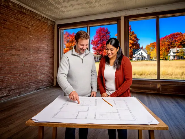 Two business partners looking over a pencil floor sketch in an empty storefront.