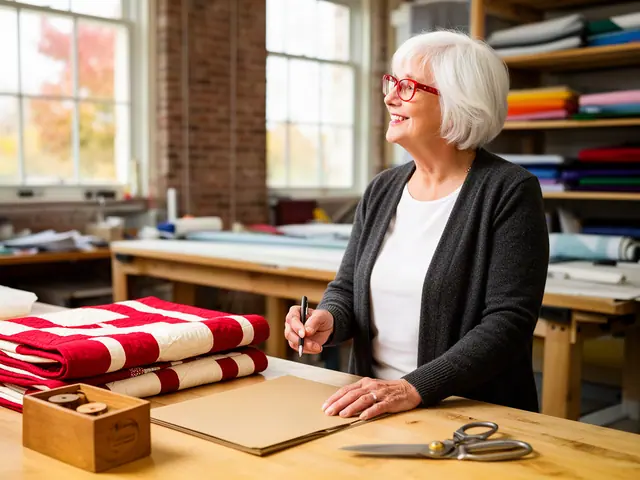A woman with short white hair and red-framed glasses at a work table with a closed folder in a small quilting shop.